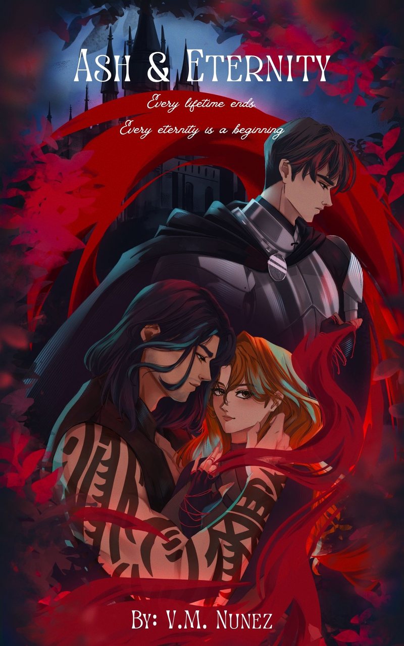 Ash & Eternity by V.M. Nunez. Two men and a red-haired woman wrapped in crimson, a dark castle behind them.